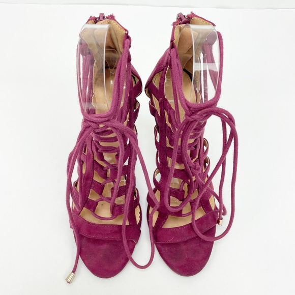 Charlotte Russe Lace Up Heels 6 Burgundy Suede Peep Toe Stiletto Strappy Sandals - Picture 8 of 11